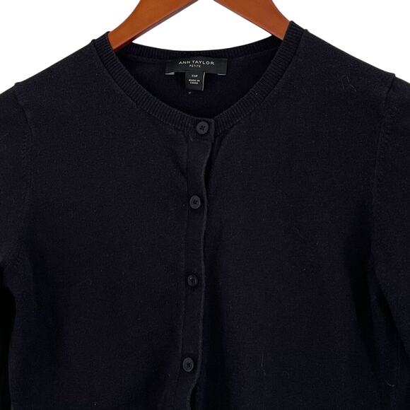 Ann Taylor Cotton Blend Black Button Down Crew Neck Cardigan, Size XSP - Picture 4 of 12